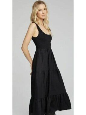 Saltwater Luxe black linen smocked tiered midi dress